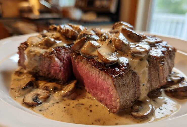 Two perfectly cooked steaks covered in creamy mushroom sauce, showcasing the medium-rare center of the Garlic Butter Steak with Creamy Mushroom Sauce.