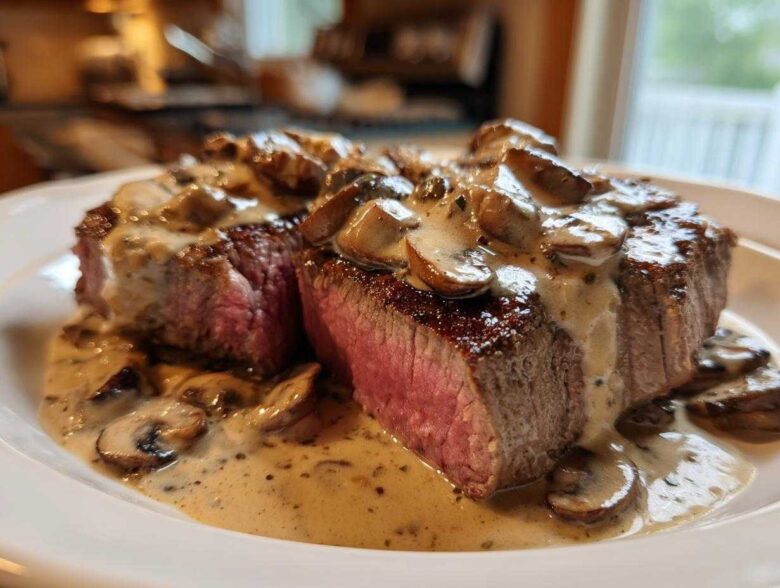 Two perfectly cooked steaks covered in creamy mushroom sauce, showcasing the medium-rare center of the Garlic Butter Steak with Creamy Mushroom Sauce.