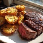 Perfectly cooked Garlic Butter Steak with Crispy Potatoes, sliced to show medium-rare center.