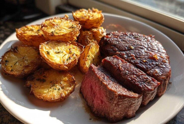 Perfectly cooked Garlic Butter Steak with Crispy Potatoes, sliced to show medium-rare center.