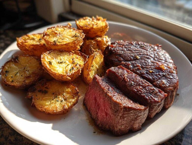 Perfectly cooked Garlic Butter Steak with Crispy Potatoes, sliced to show medium-rare center.