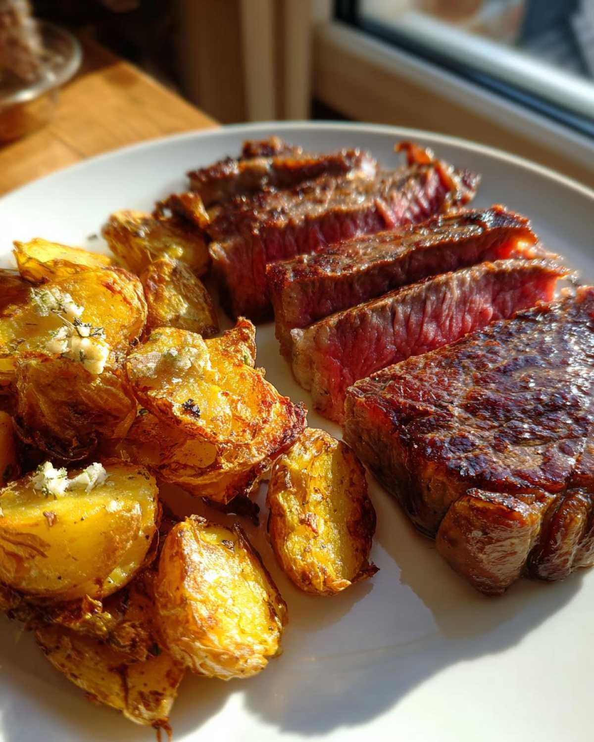 Perfectly cooked Garlic Butter Steak, sliced to show medium-rare center, served with golden crispy potatoes.