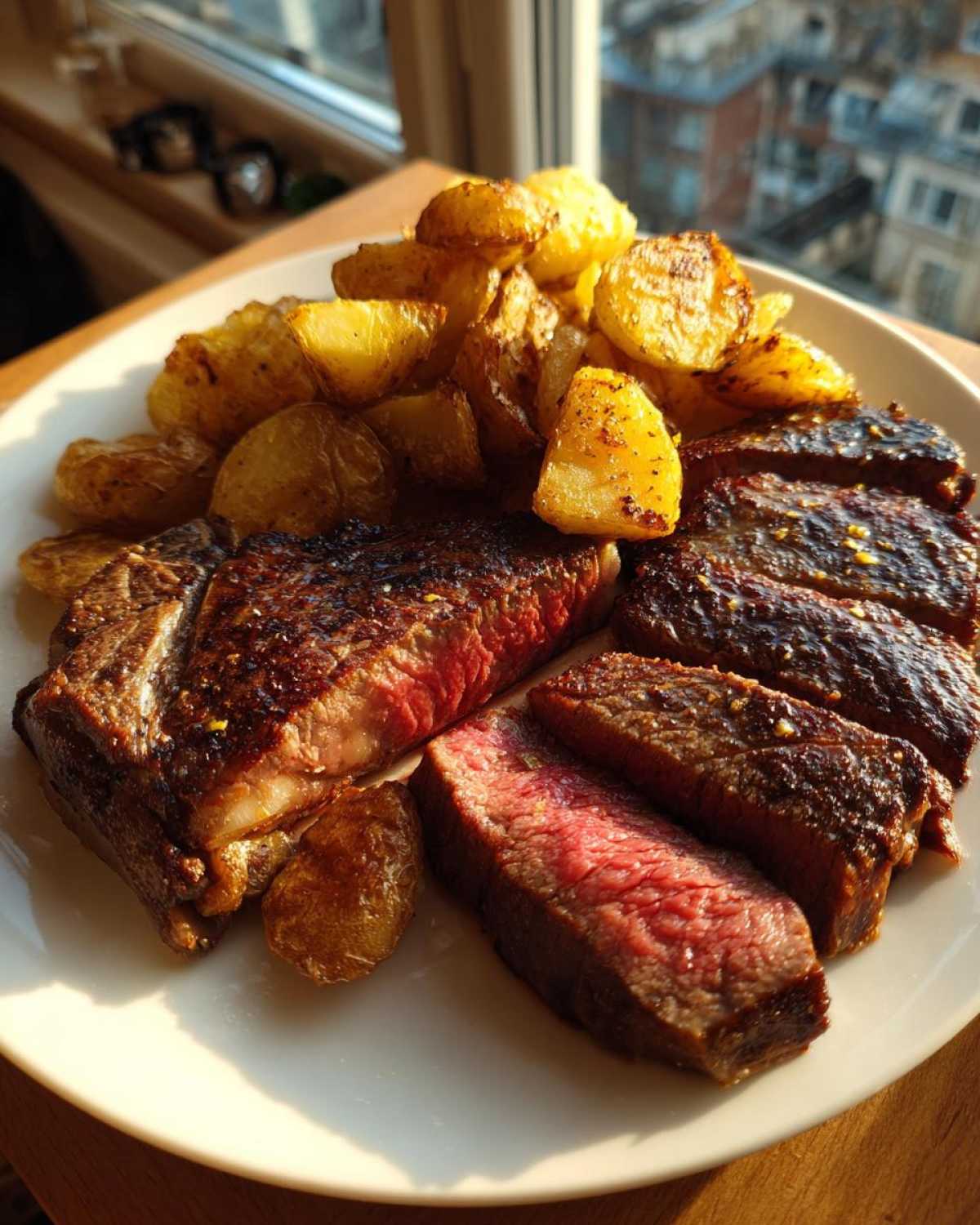 Medium-rare Garlic Butter Steak sliced next to a pile of crispy roasted potatoes on a white plate.