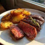 A sliced steak showing a medium-rare center, served alongside crispy roasted potatoes, garnished with rosemary for Garlic Butter Steak.