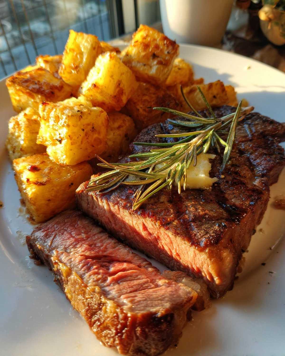 A perfectly cooked Garlic Butter Steak, sliced to show medium-rare center, served with golden crispy potatoes and rosemary.