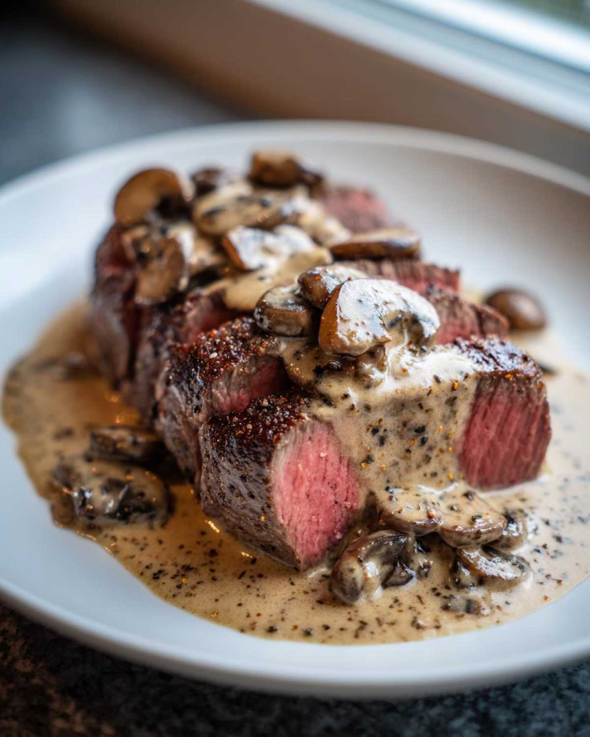 Close-up of sliced, medium-rare steak covered in creamy mushroom sauce, highlighting the Garlic Butter Steak.