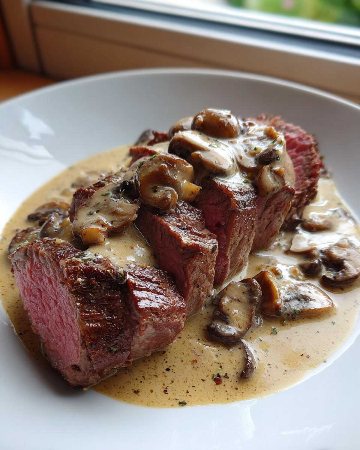 Close-up of medium-rare Garlic Butter Steak sliced and smothered in creamy mushroom sauce.