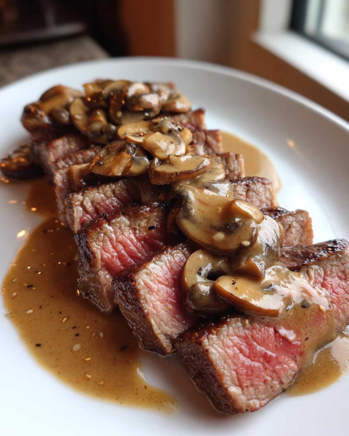 Close-up of medium-rare steak slices topped with creamy mushroom sauce, part of the Garlic Butter Steak recipe.