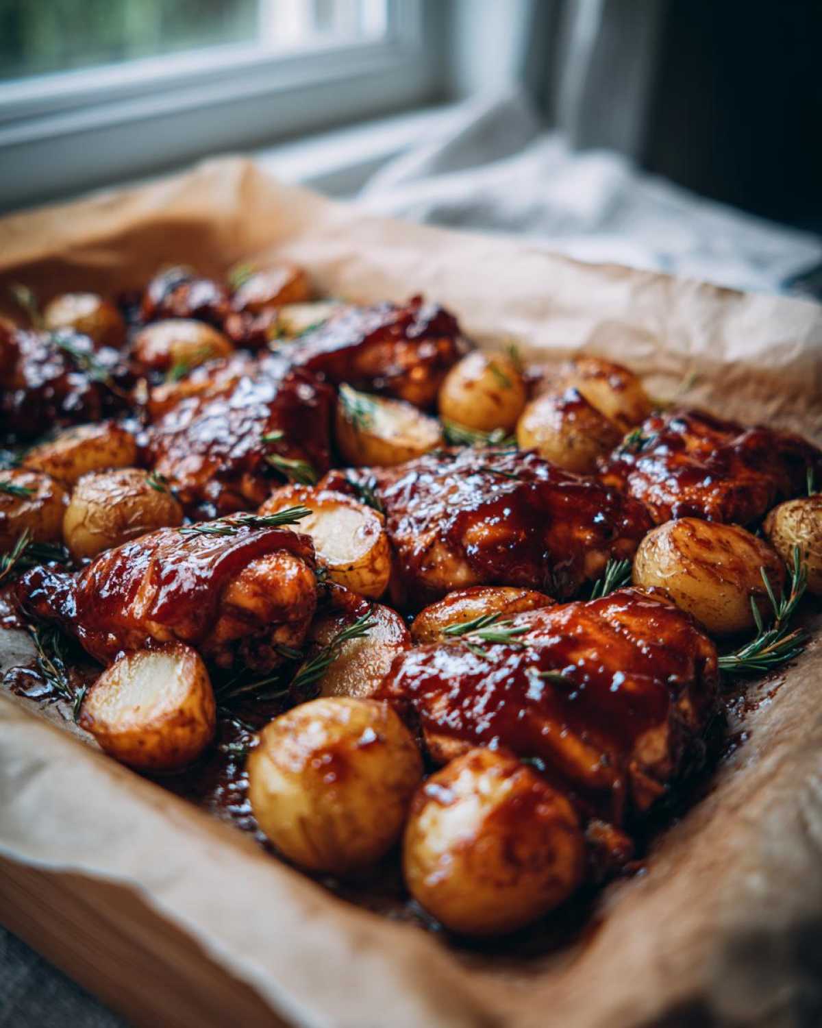 Close-up of Honey BBQ Chicken Bake with glossy sauce and roasted potatoes garnished with rosemary.