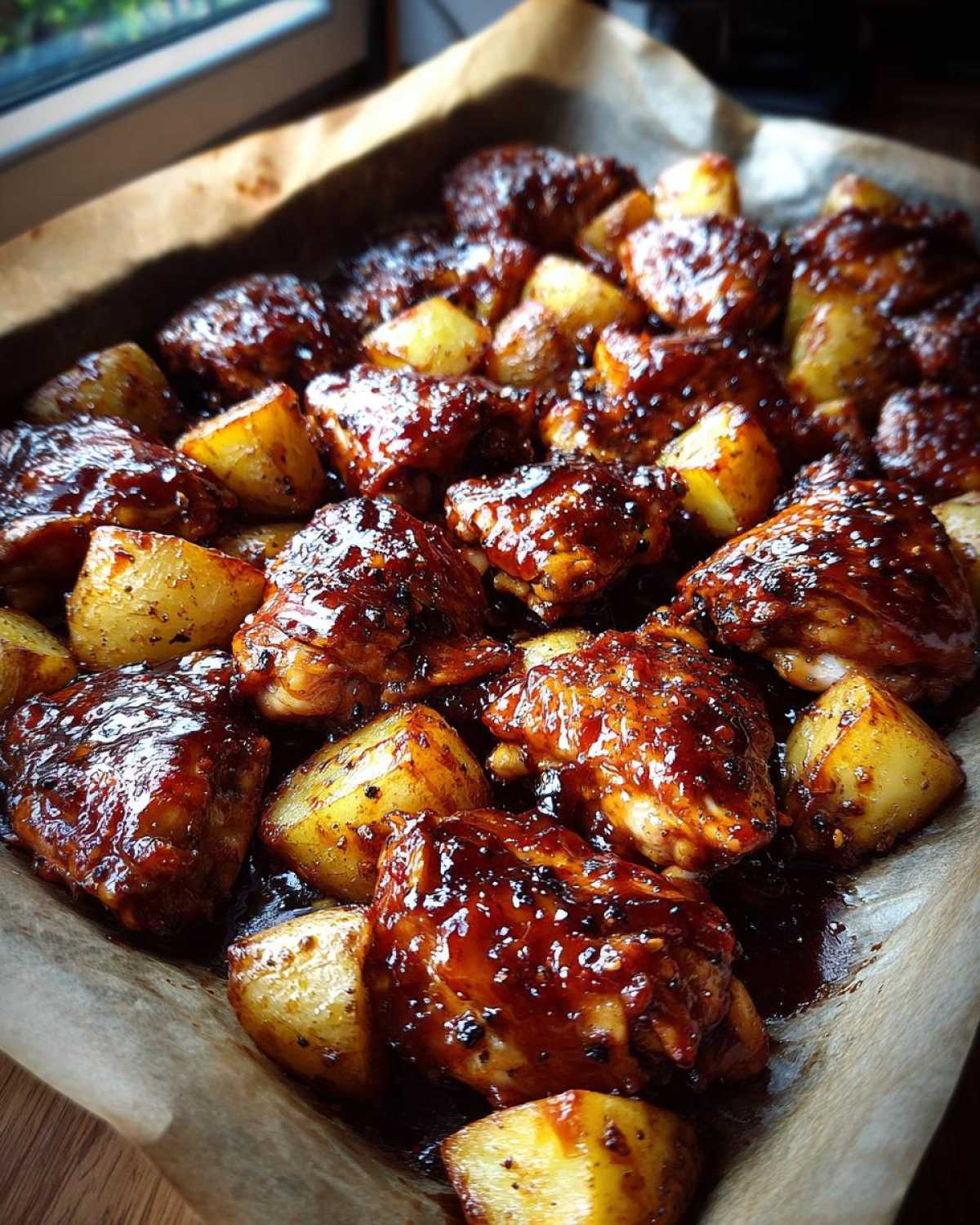 Close-up of Honey BBQ Chicken Bake with chunks of roasted potatoes, all coated in a thick, glossy BBQ sauce.