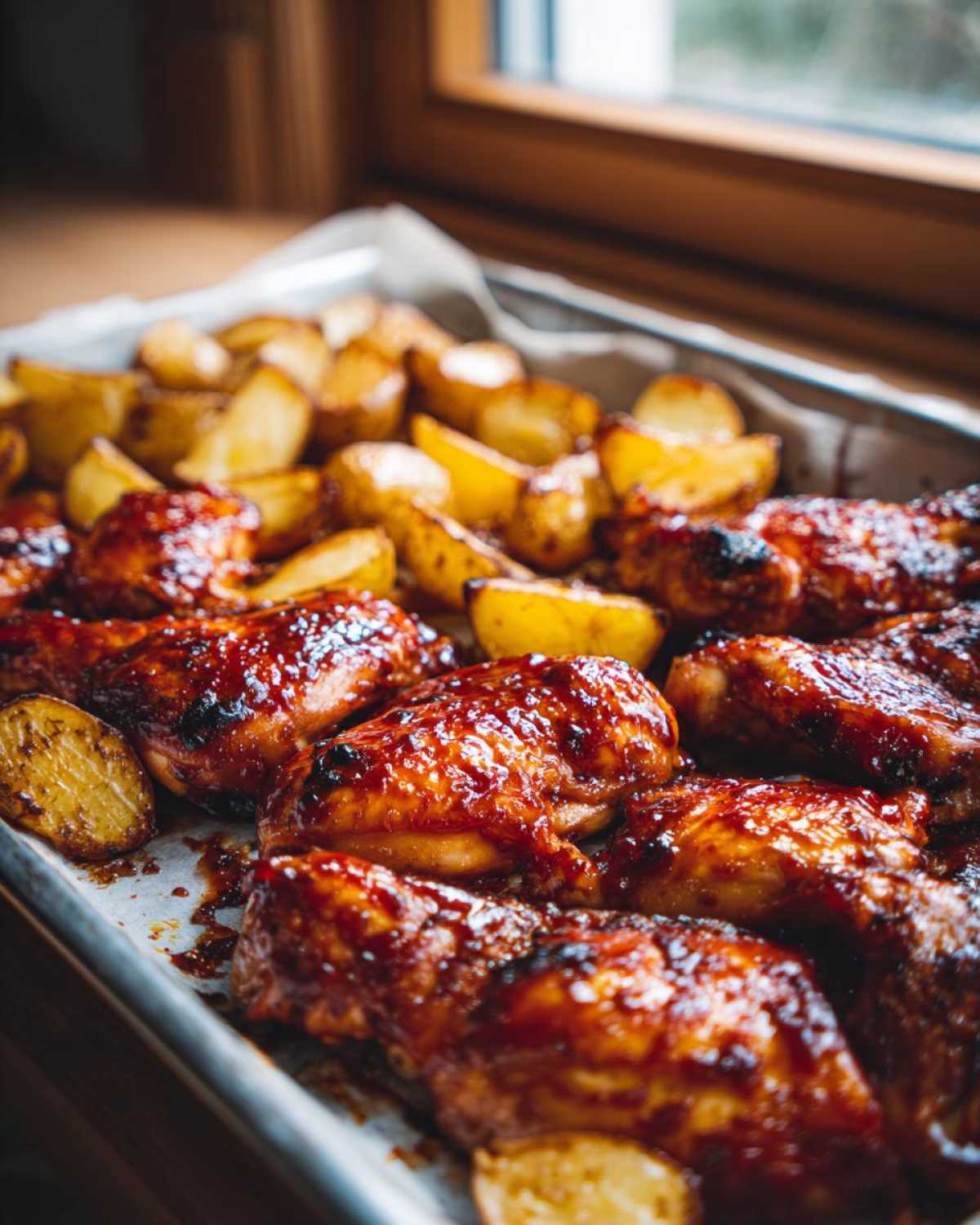 Close-up of glistening Honey BBQ Chicken Bake pieces baked alongside roasted potato wedges on a sheet pan.