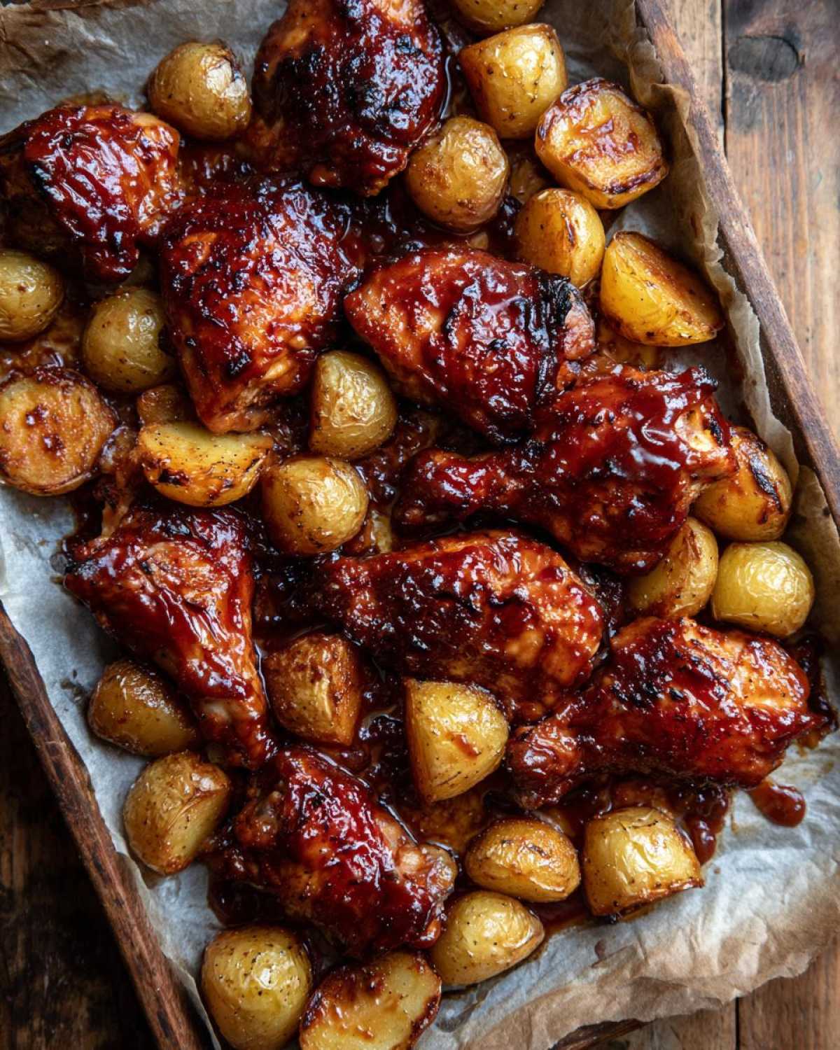 Close-up of baked chicken pieces coated in sticky Honey BBQ sauce alongside roasted baby potatoes.