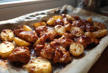 Close-up of Honey BBQ Chicken Bake with Potatoes glistening with sauce on parchment paper.
