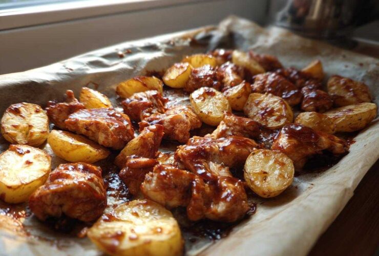 Close-up of Honey BBQ Chicken Bake with Potatoes glistening with sauce on parchment paper.