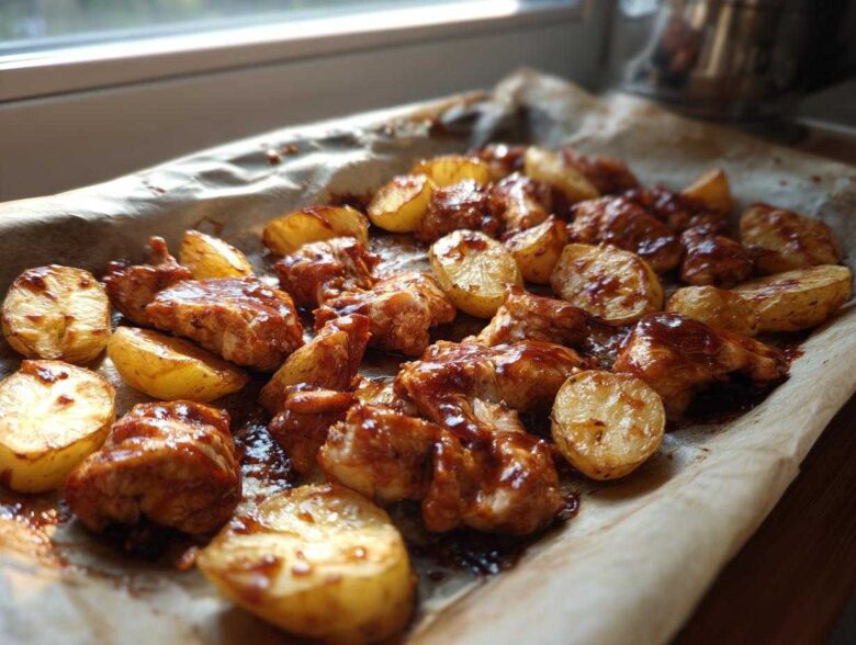 Close-up of Honey BBQ Chicken Bake with Potatoes glistening with sauce on parchment paper.