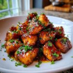 A mound of glistening Honey Butter Garlic Salmon Bites coated in a rich glaze and topped with fresh parsley.