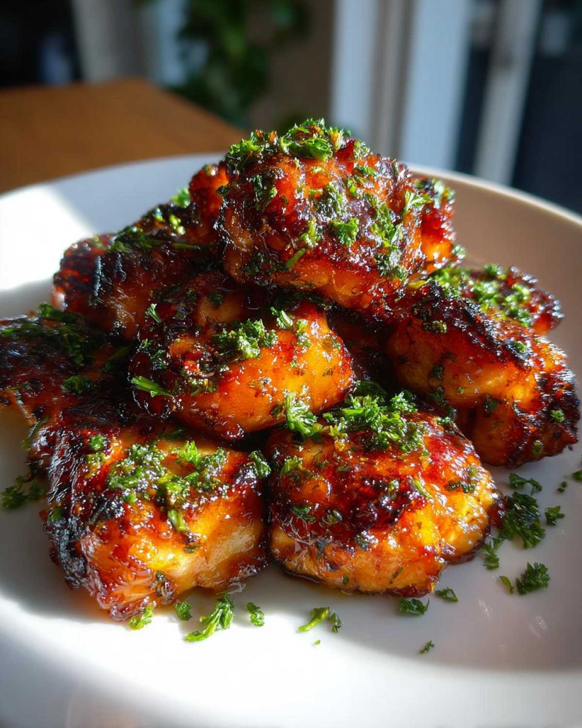 A pile of glistening Honey Butter Garlic Salmon Bites, glazed and topped with fresh chopped parsley on a white plate.