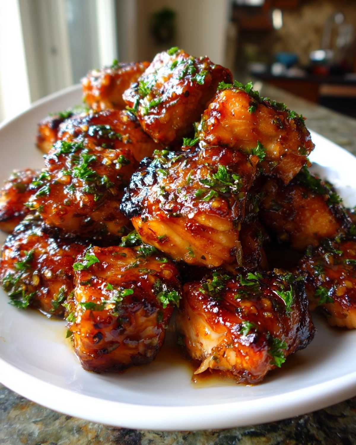 A pile of glistening Honey Butter Garlic Salmon Bites, coated in a rich glaze and topped with fresh parsley.