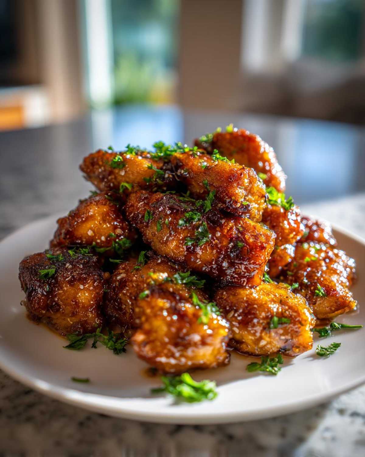 A stack of glistening Honey Butter Garlic Salmon Bites coated in a rich glaze and sprinkled with fresh parsley.