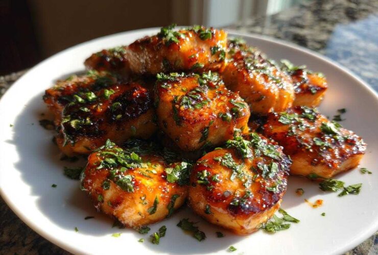 Close-up of golden-brown Honey Butter Garlic Salmon Bites, glazed and topped with fresh chopped parsley, served on a white plate.