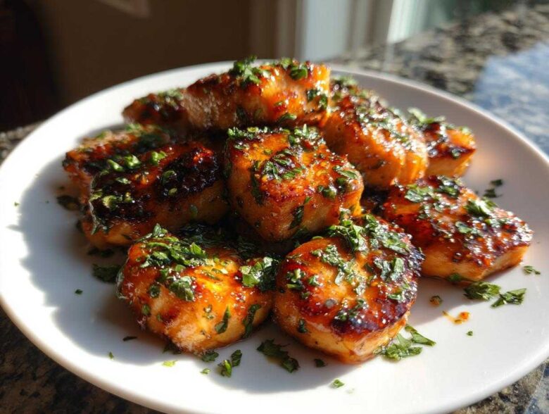 Close-up of golden-brown Honey Butter Garlic Salmon Bites, glazed and topped with fresh chopped parsley, served on a white plate.