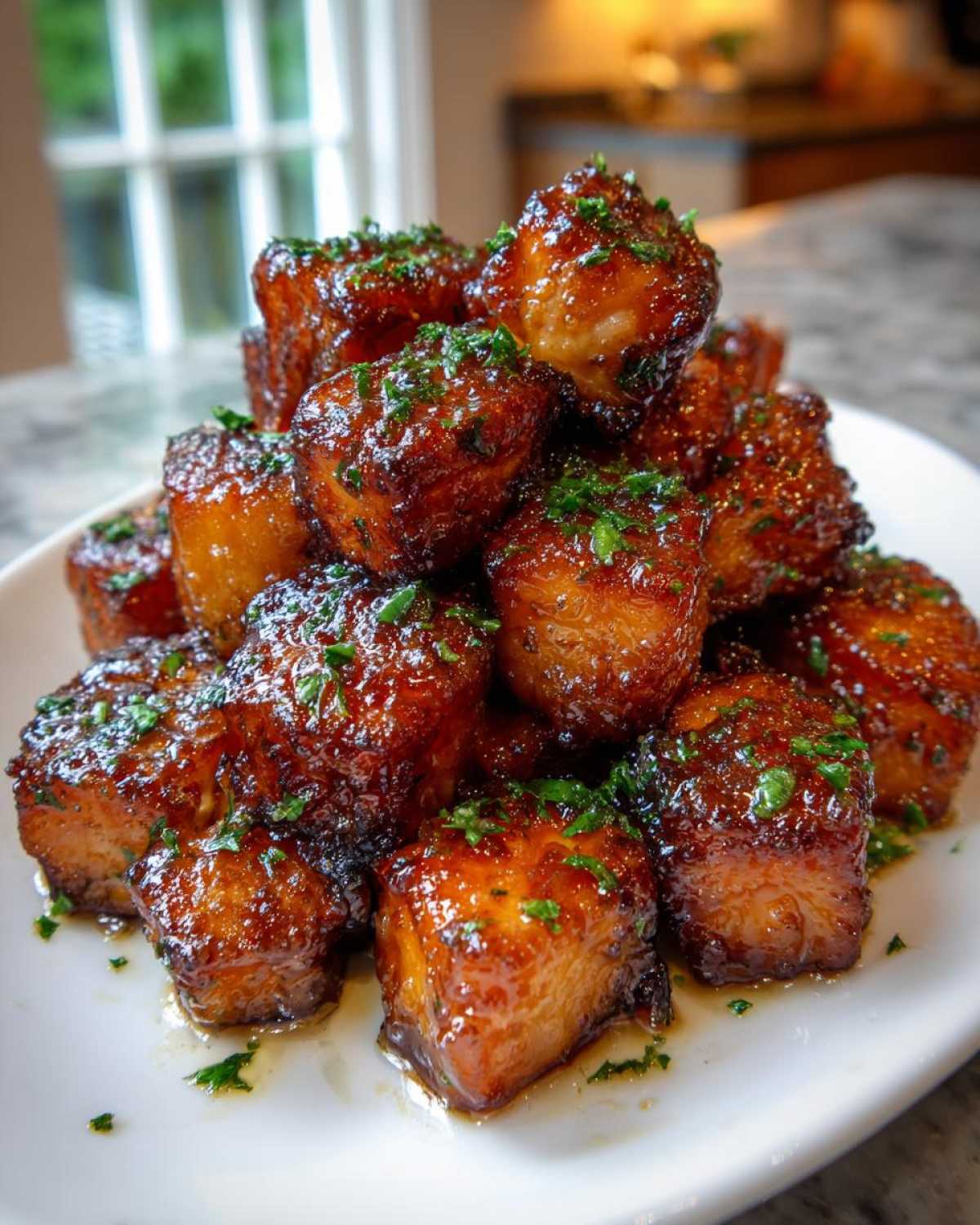 A tall stack of glistening Honey Butter Garlic Salmon Bites, coated in a rich glaze and sprinkled with fresh parsley.