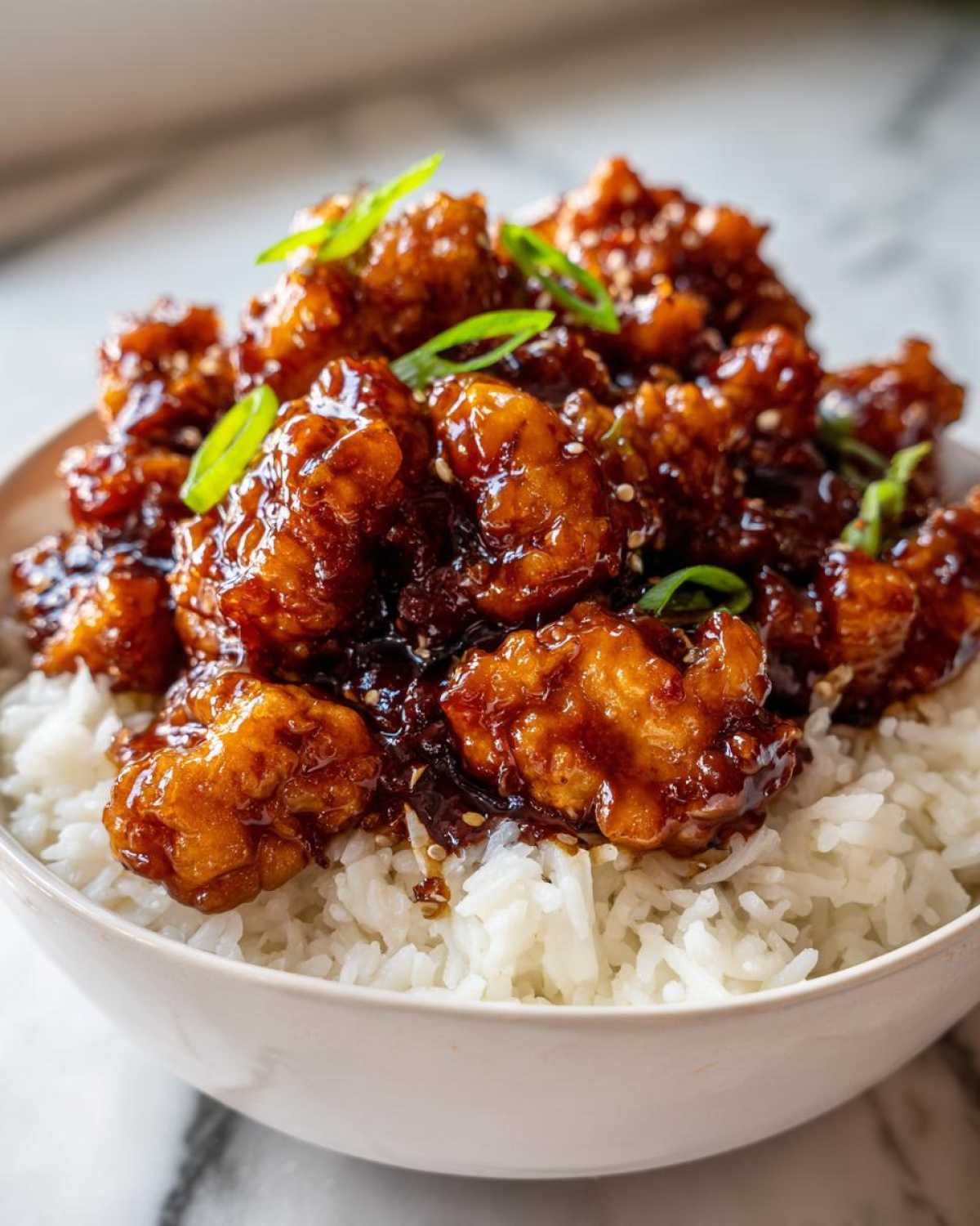 Close-up of crispy Honey Garlic Chicken Bites generously coated in a dark, glossy sauce, served over a bed of fluffy white rice.