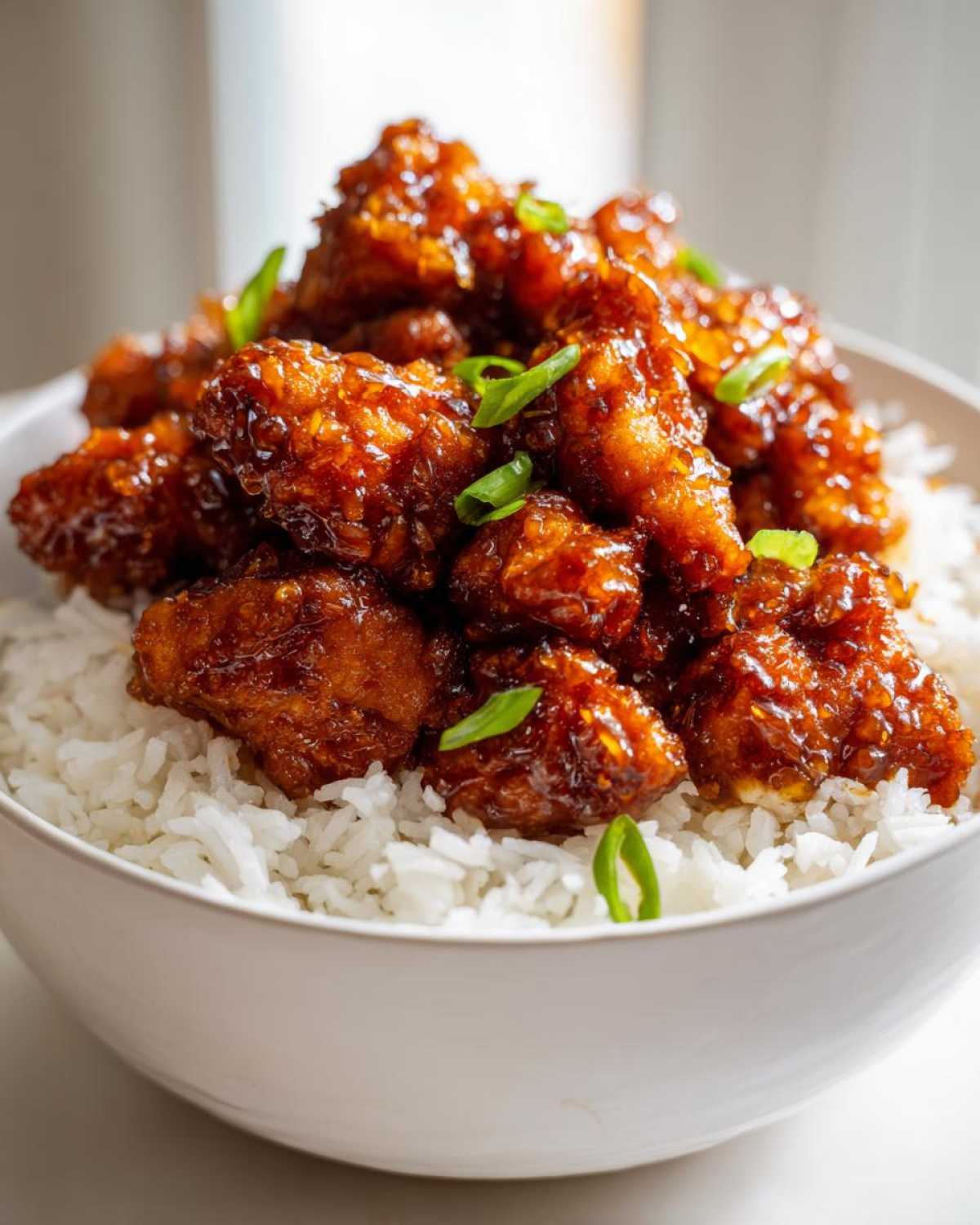 Close-up of Honey Garlic Chicken Bites piled high over white rice in a bowl, garnished with green onions.