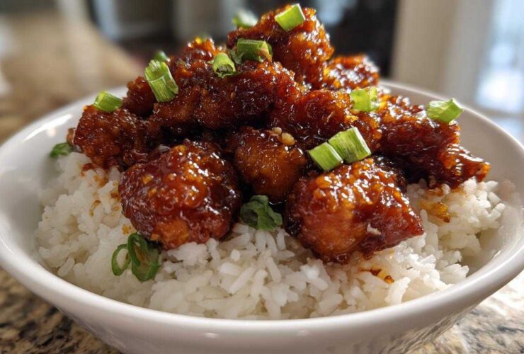 Close-up of glossy Honey Garlic Chicken Bites piled high on a bed of fluffy white rice and topped with sliced green onions.