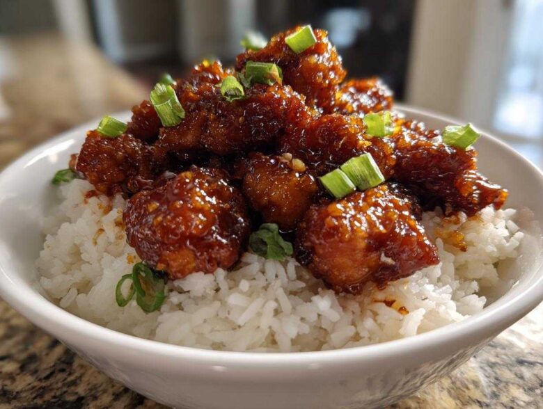 Close-up of glossy Honey Garlic Chicken Bites piled high on a bed of fluffy white rice and topped with sliced green onions.