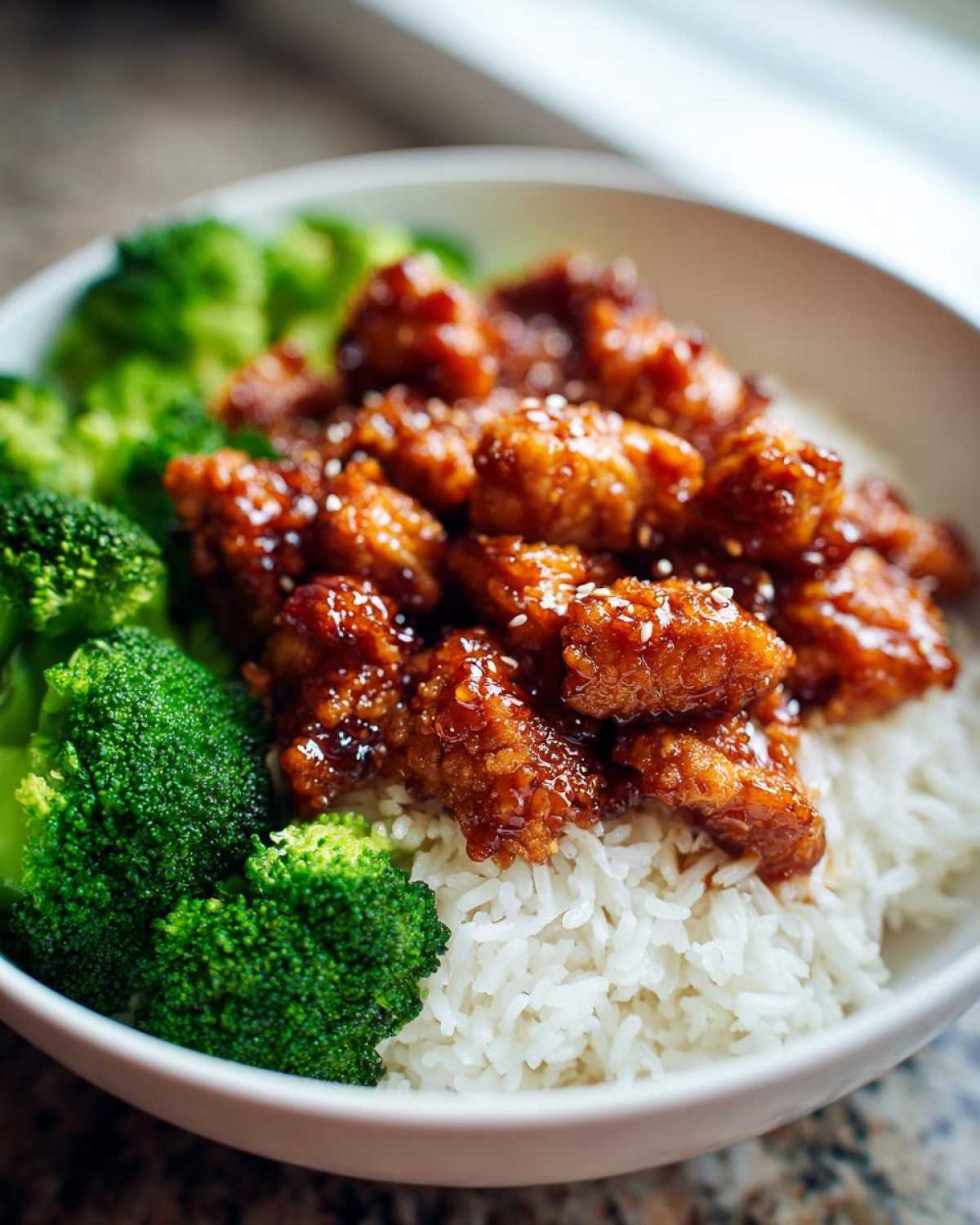 A close-up of a Honey Garlic Chicken Bowl featuring glazed chicken pieces over white rice, served with bright green steamed broccoli.