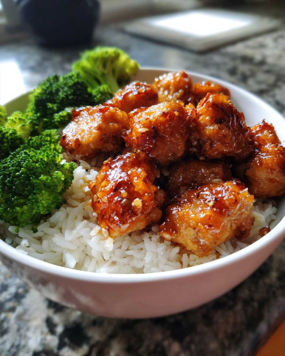 Close-up of a Honey Garlic Chicken Bowl with sticky glazed chicken pieces over white rice and steamed broccoli florets.