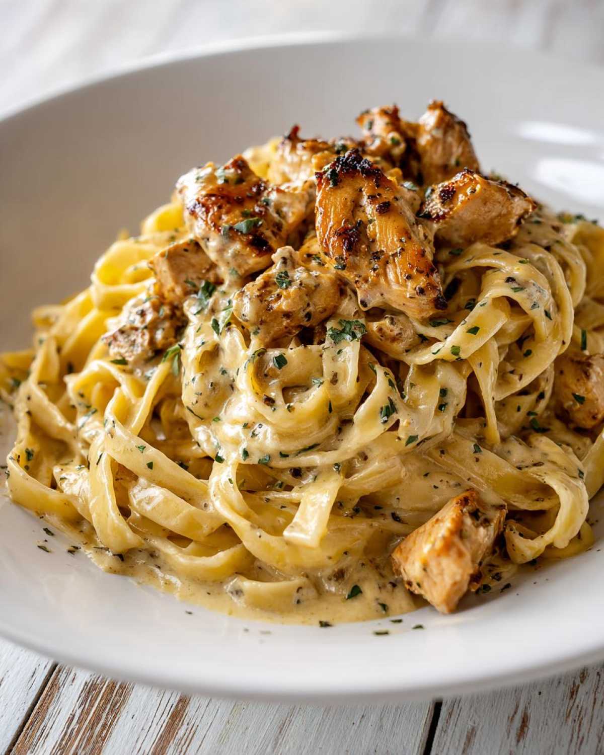 Close-up of Honey Garlic Chicken Pasta with fettuccine noodles coated in a rich cream sauce and topped with seasoned chicken pieces.