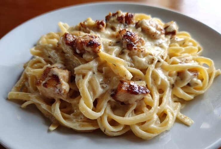 A close-up shot of fettuccine pasta coated in a rich cream sauce, topped with seared chicken pieces from the Honey Garlic Chicken Pasta.