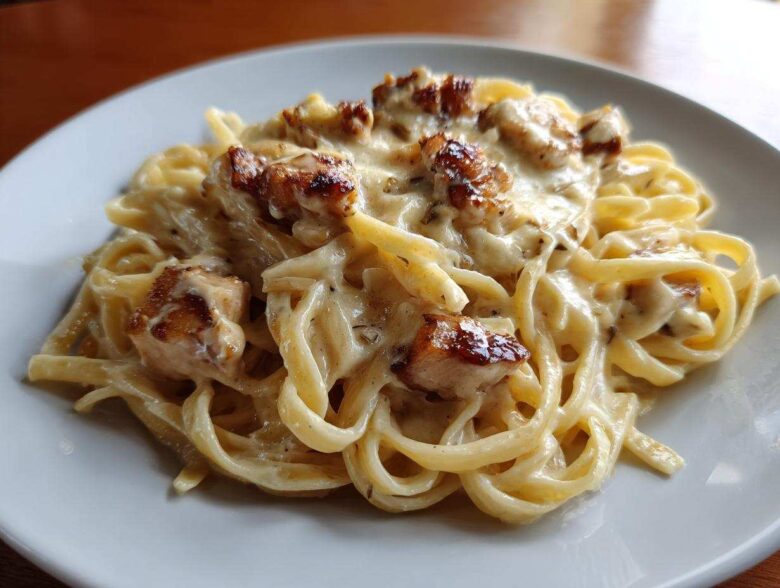 A close-up shot of fettuccine pasta coated in a rich cream sauce, topped with seared chicken pieces from the Honey Garlic Chicken Pasta.