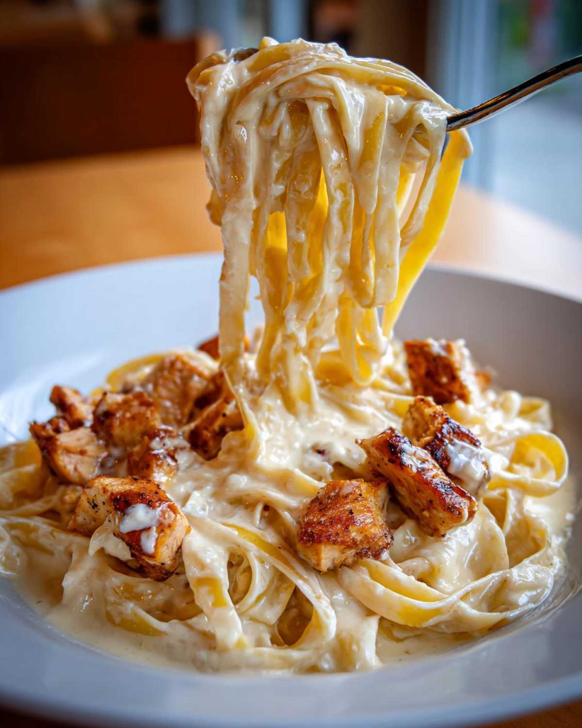 A fork lifting long strands of fettuccine coated in cream sauce from a bowl of Honey Garlic Chicken Pasta with diced chicken pieces.