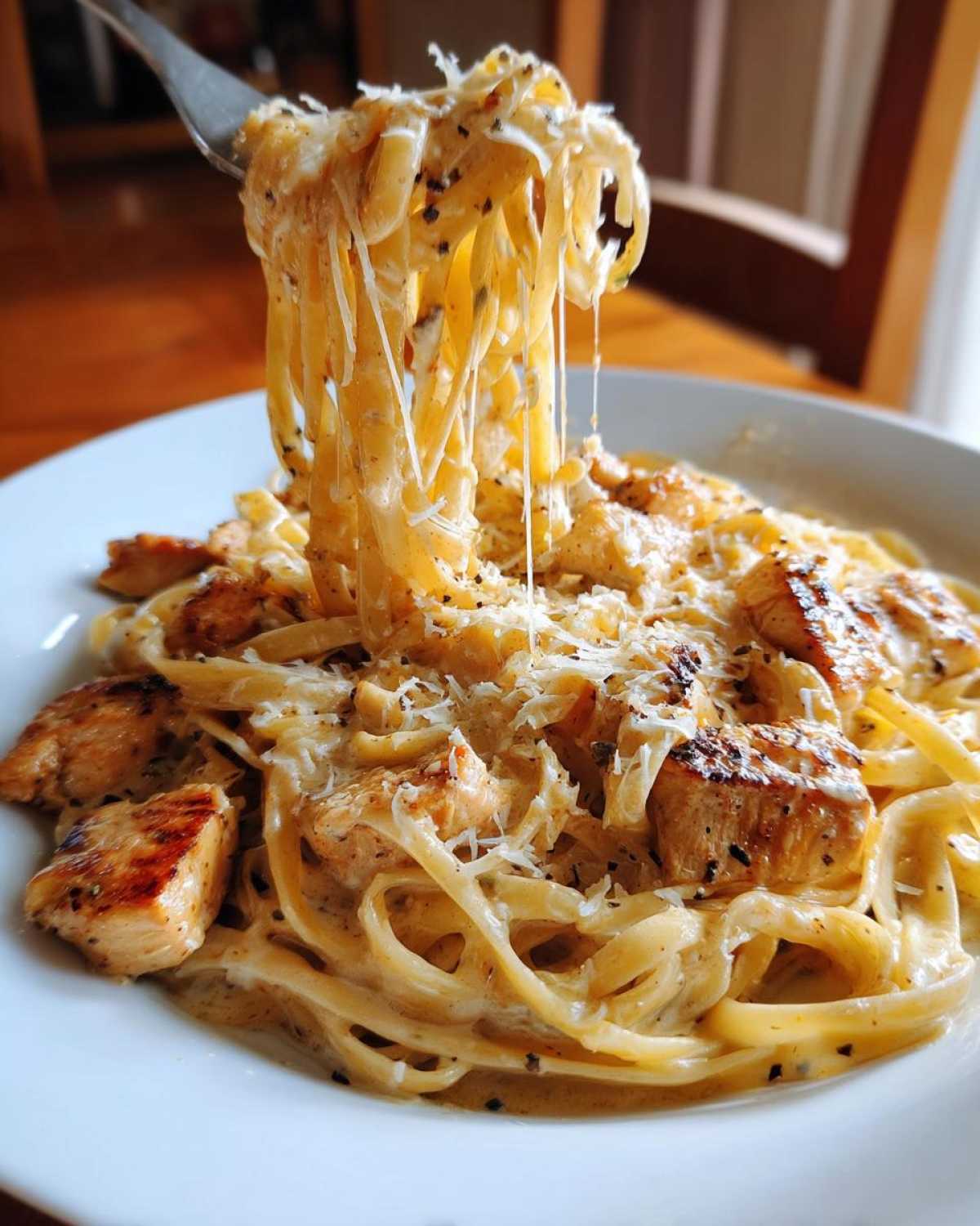 A fork lifts fettuccine noodles dripping with cream sauce from a bowl of Honey Garlic Chicken Pasta, topped with grated cheese.