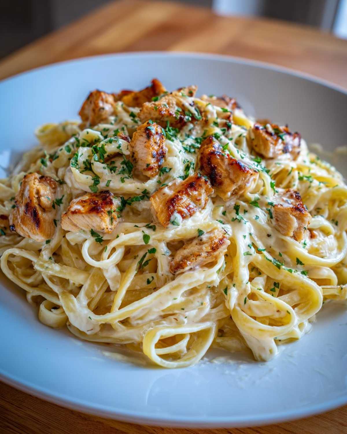 Close-up of Honey Garlic Chicken Pasta with cream sauce, topped with grilled chicken pieces and parsley.