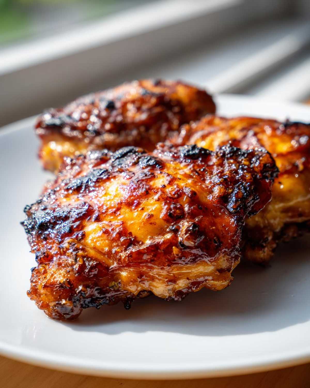 Close-up of three perfectly baked Honey Garlic Chicken Thighs Oven Baked with a caramelized, glossy, and slightly charred glaze.