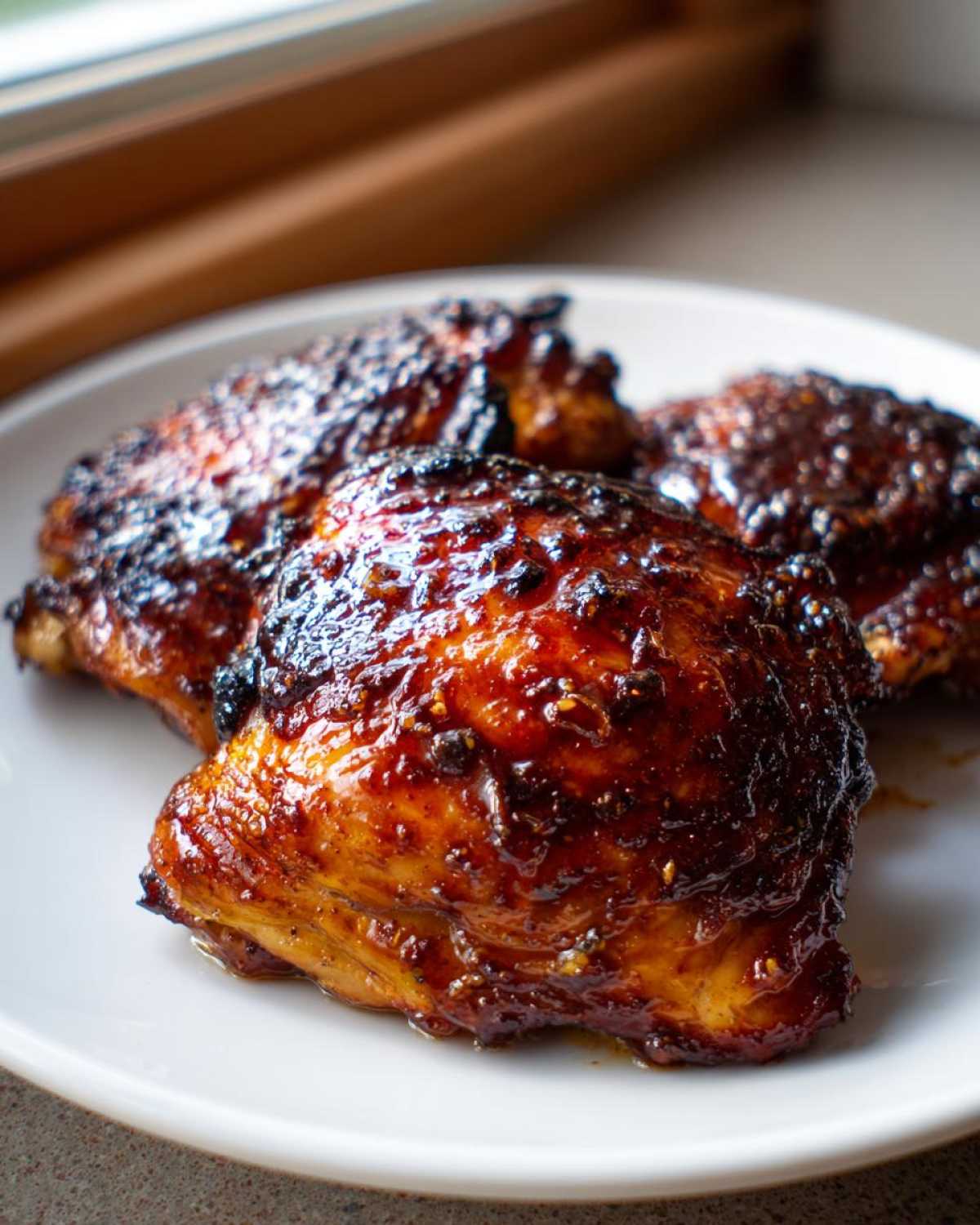 Close-up of three perfectly baked Honey Garlic Chicken Thighs Oven Baked with a dark, sticky, caramelized glaze.