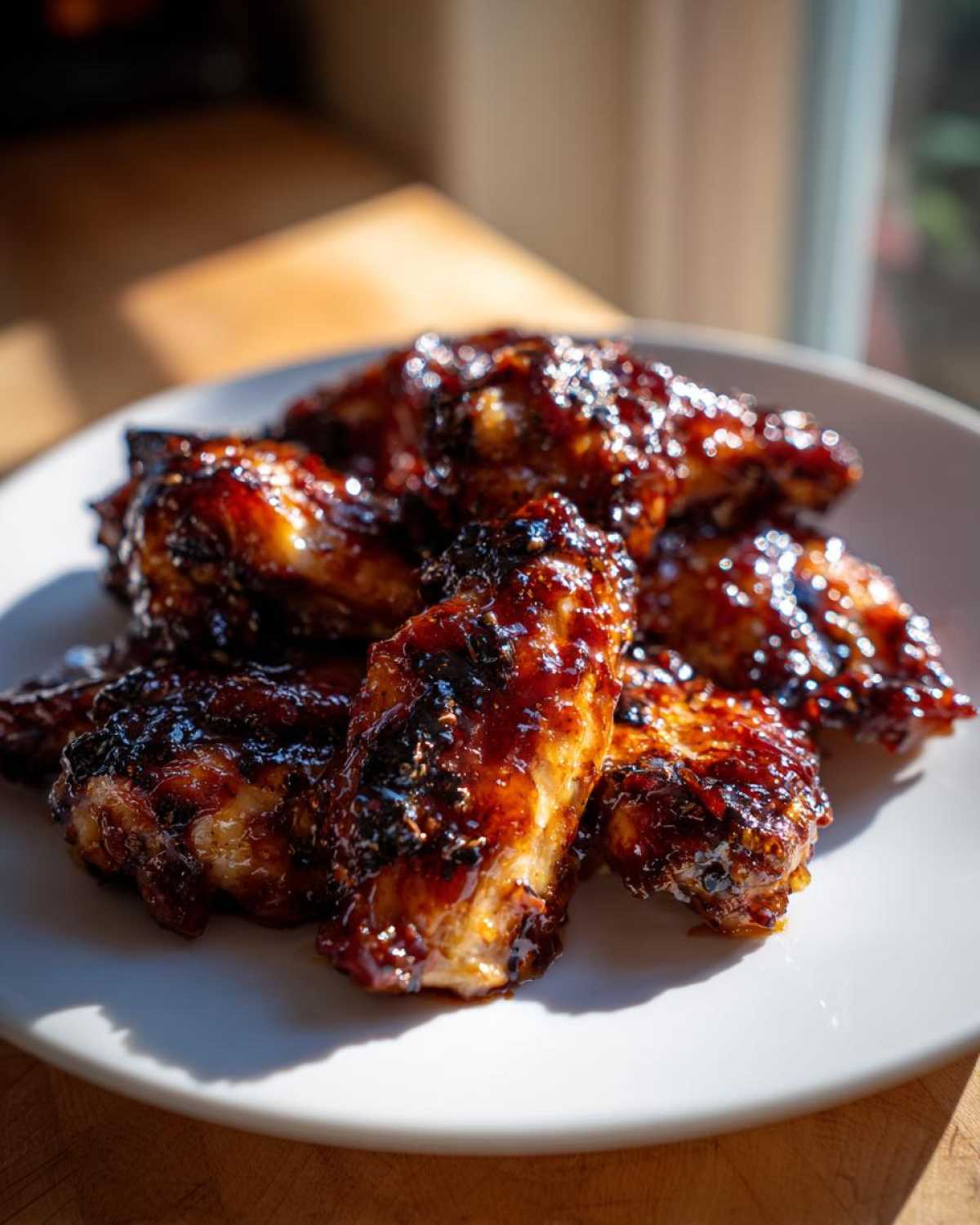 Close-up of sticky, caramelized Honey Garlic Chicken Wings Oven Baked piled on a white plate.