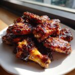 A pile of glossy, sticky Honey Garlic Chicken Wings Oven Baked glistening under bright light on a white plate.