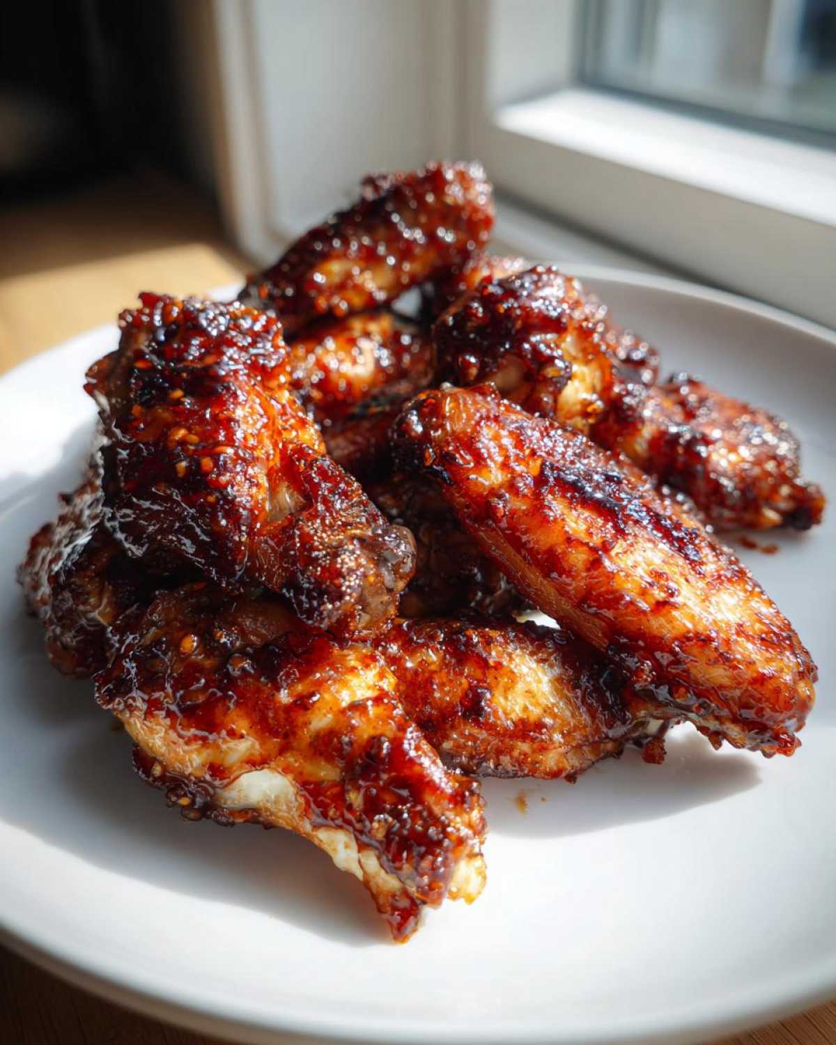 Close-up of sticky, caramelized Honey Garlic Chicken Wings Sticky Oven Baked piled on a white plate.