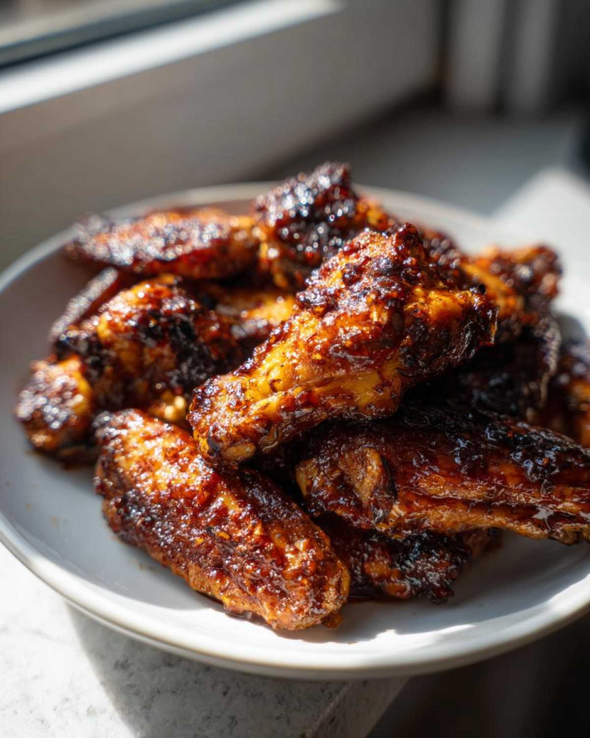 Close-up of sticky, caramelized Honey Garlic Chicken Wings Oven Baked piled high on a white plate.