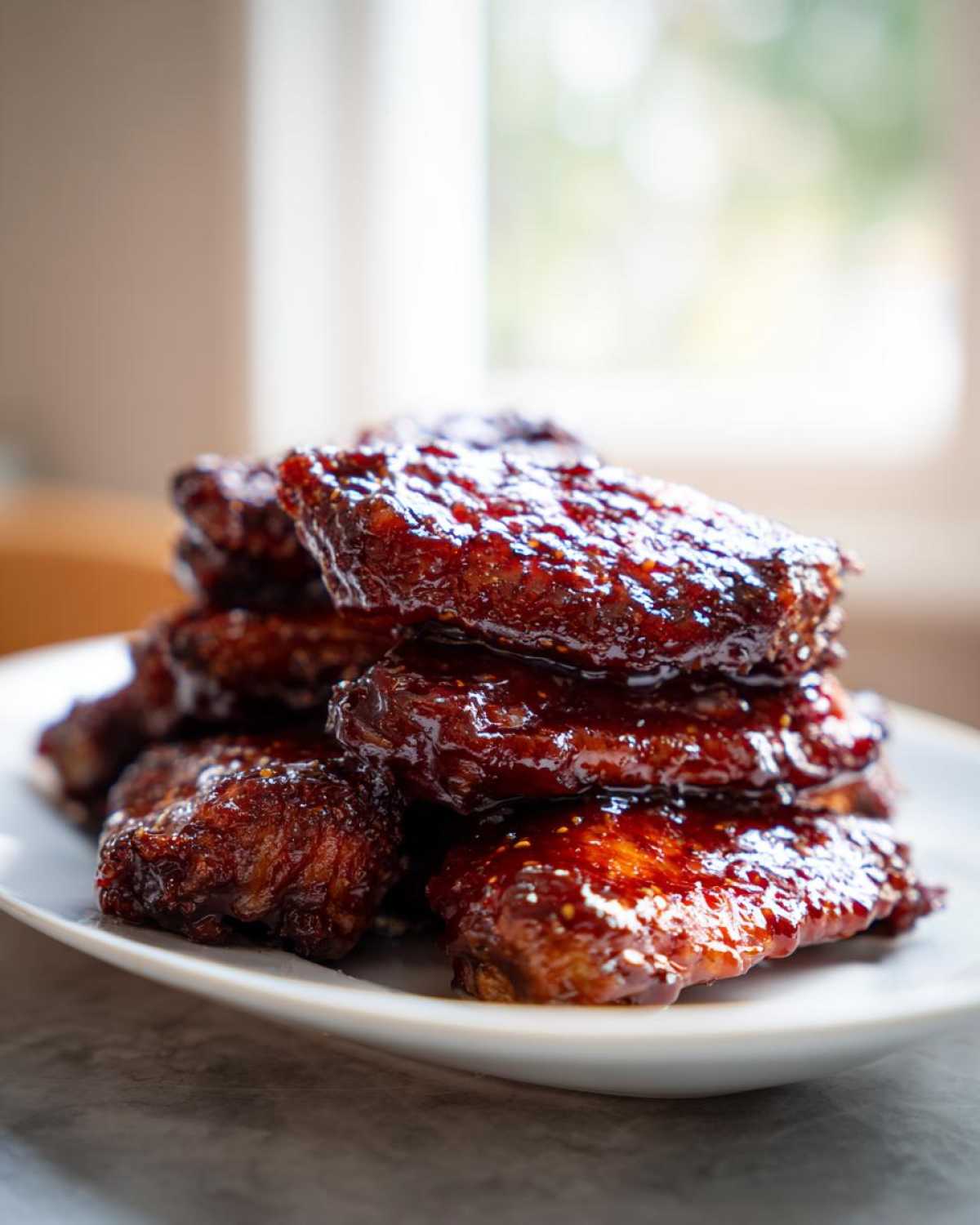 A close-up stack of sticky, glazed Honey Garlic Chicken Wings Oven Baked on a white plate.
