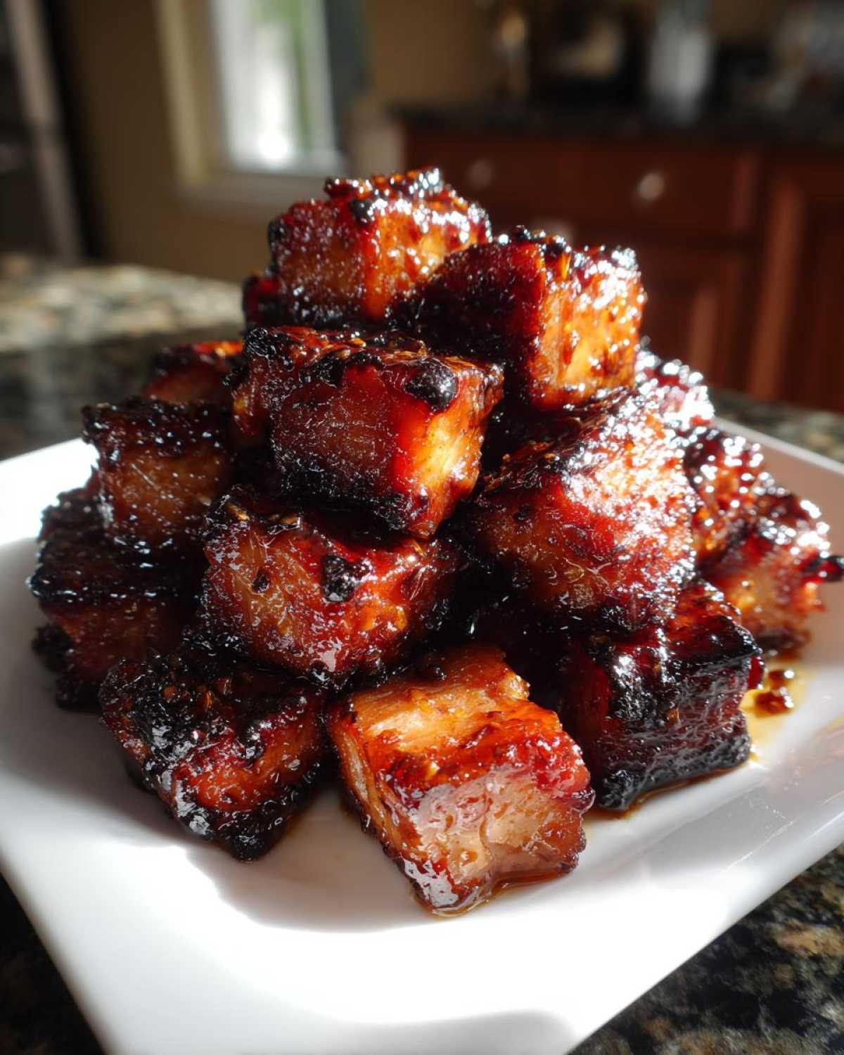Close-up of a pile of Honey Garlic Salmon Bites with dark, caramelized edges served on a white square plate.