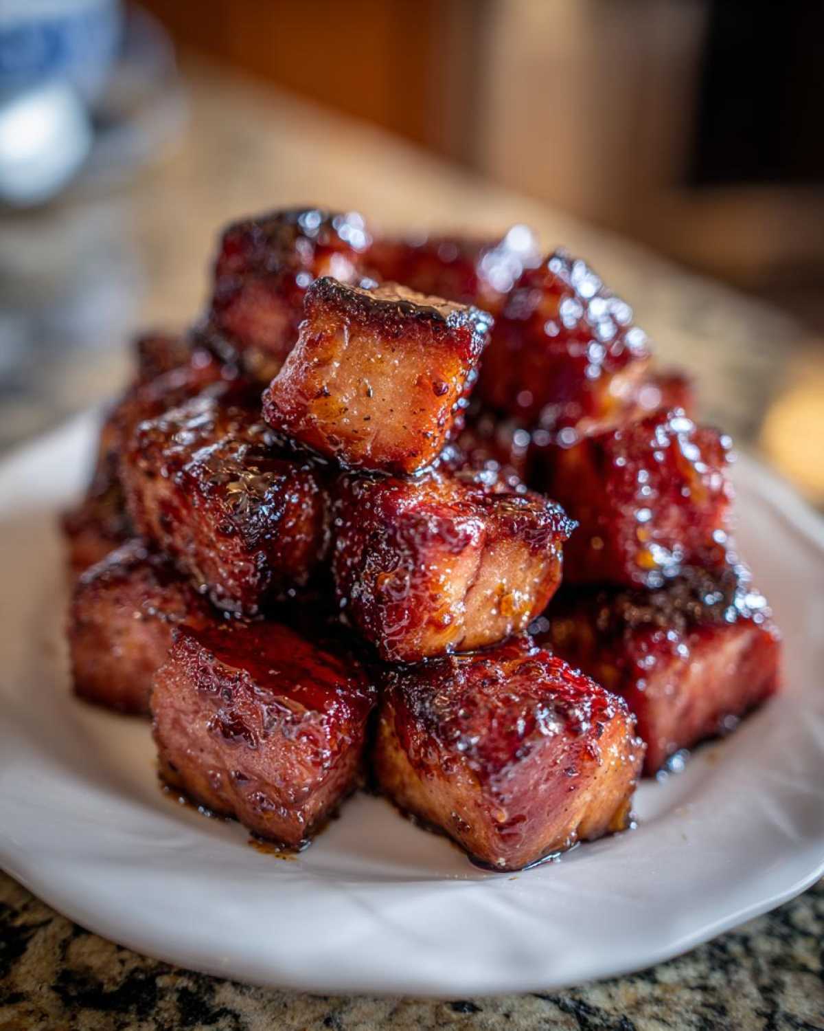 Close-up of glistening Honey Garlic Salmon Bites piled high on a white plate, showing caramelized edges.