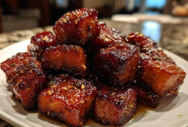 Close-up of glistening Honey Garlic Salmon Bites with caramelized edges stacked on a white plate.