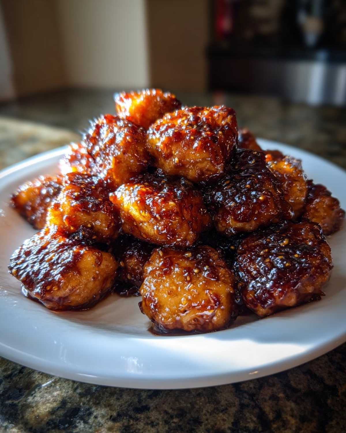 A mound of glossy Honey Garlic Salmon Bites with caramelized edges piled high on a white plate.