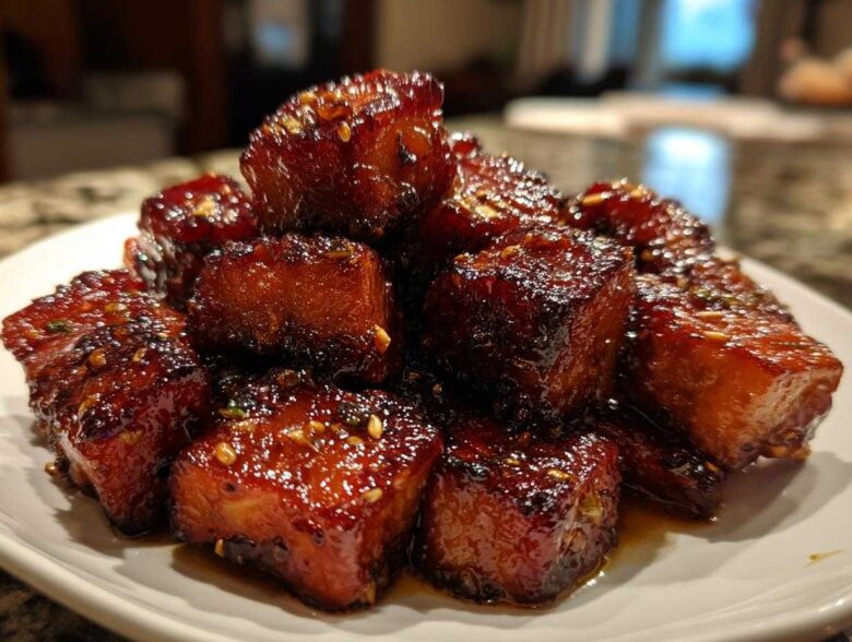 Close-up of glistening Honey Garlic Salmon Bites with caramelized edges stacked on a white plate.